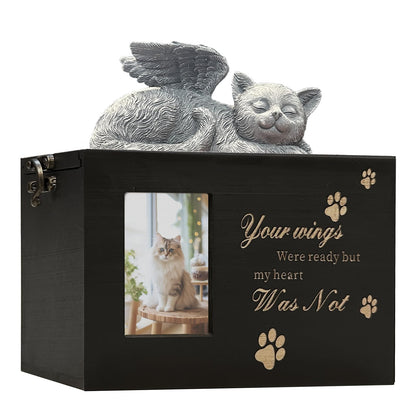 Solid Wood Pet Urn for Cat Ashes Box with Picture Black Funeral Cremation Box for Cat Wooden Keepsake with Black Flannel Lining for Loss of Cat or Dog Remembrance Gift (Cat Urn-Red Brown, Medium)