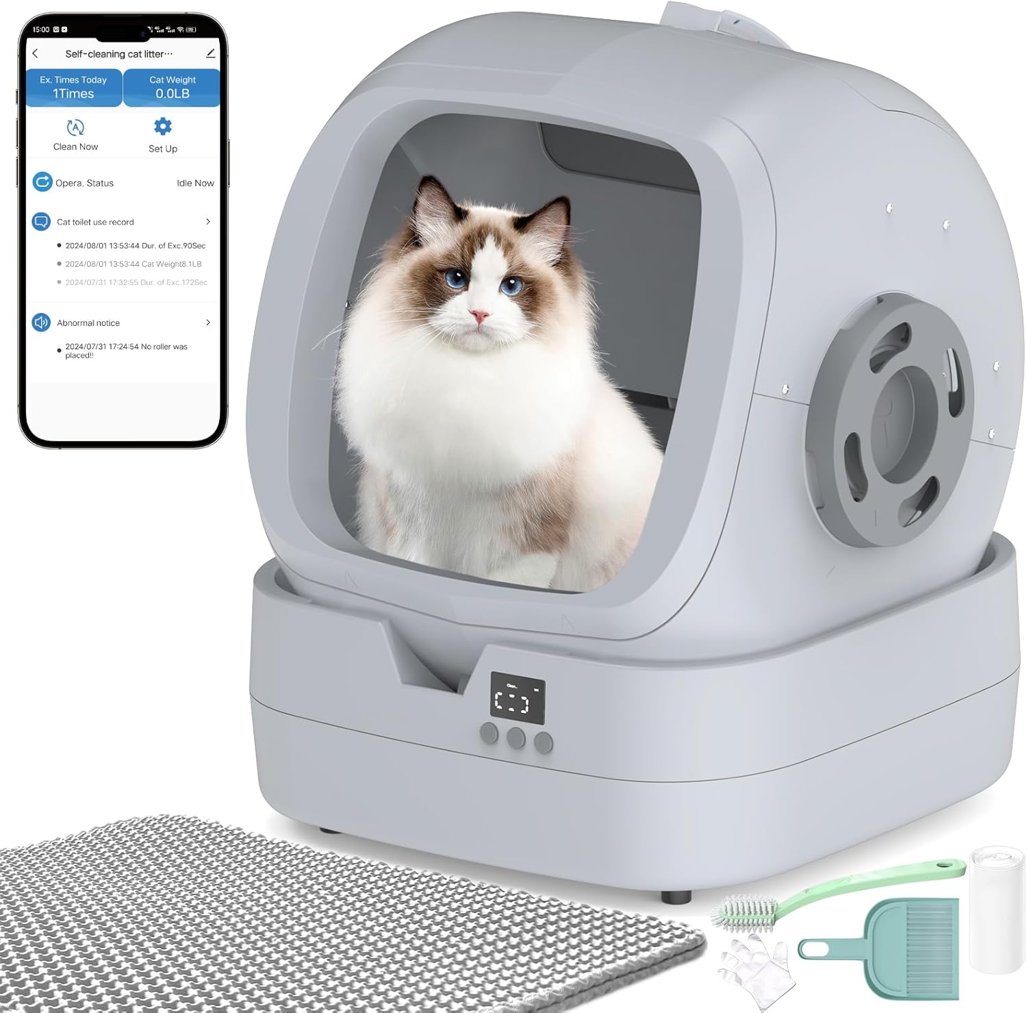 Automatic Self-Cleaning Cat Litter Box with APP-Controlled, Weight Tracking – 86L Ultra-Quiet, Smart Health Monitor, and Safe Anti-Pinch Design (Assembly Required) -Light Grey