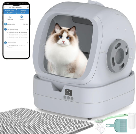 Automatic Self-Cleaning Cat Litter Box with APP-Controlled, Weight Tracking – 86L Ultra-Quiet, Smart Health Monitor, and Safe Anti-Pinch Design (Assembly Required) -Light Grey