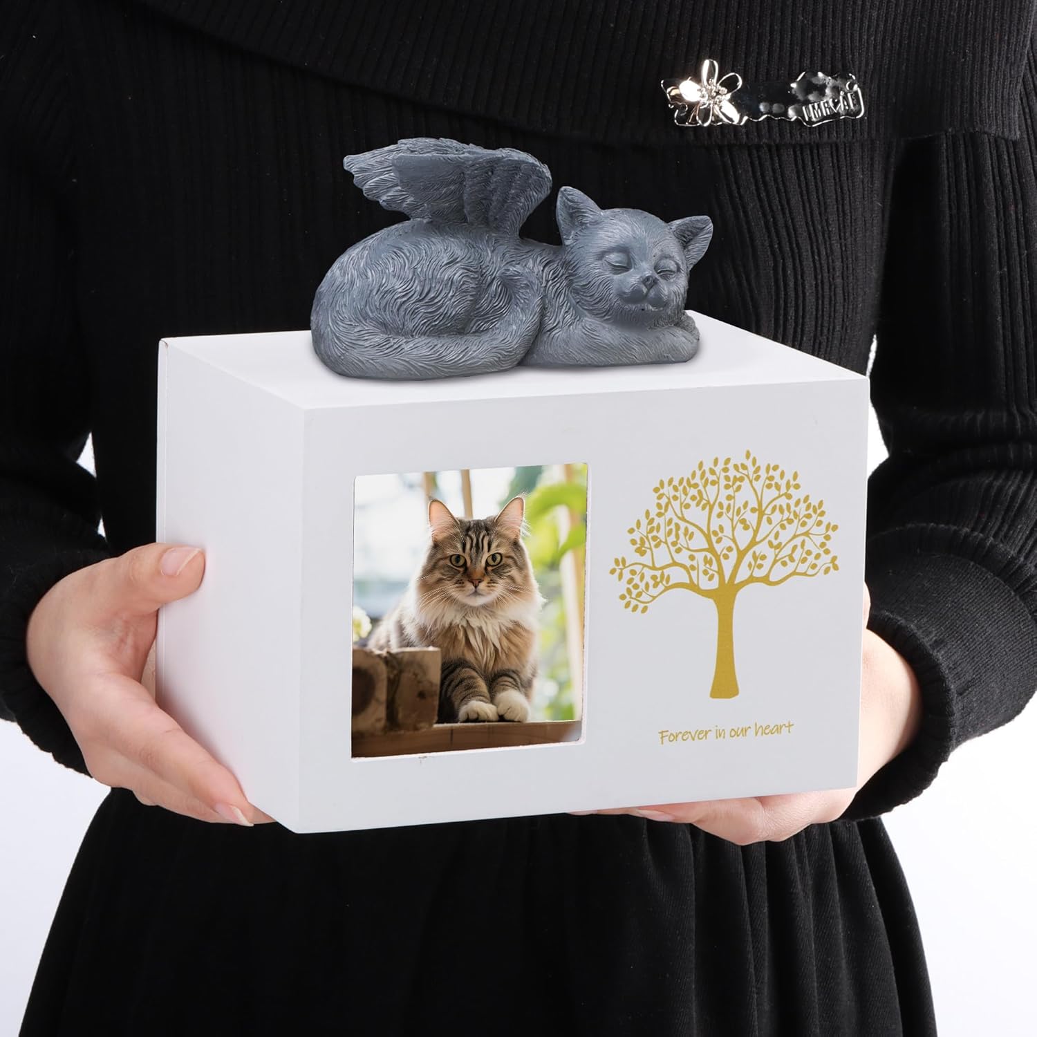 Cat Urns for Ashes, Tree Pattern Wooden Keepsake with Photo Frame, Pet Urn Memory Box with Resin Animal Statue and Sealed Storage Bags (75lbs)（White）