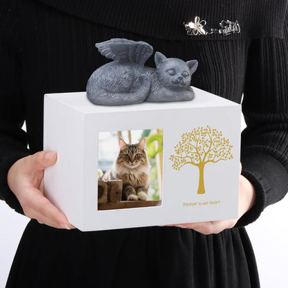 Cat Urns for Ashes, Tree Pattern Wooden Keepsake with Photo Frame, Pet Urn Memory Box with Resin Animal Statue and Sealed Storage Bags (75lbs)（White）