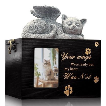Solid Wood Pet Urn for Cat Ashes Box with Picture Black Funeral Cremation Box for Cat Wooden Keepsake with Black Flannel Lining for Loss of Cat or Dog Remembrance Gift (Cat Urn-Red Brown, Medium)
