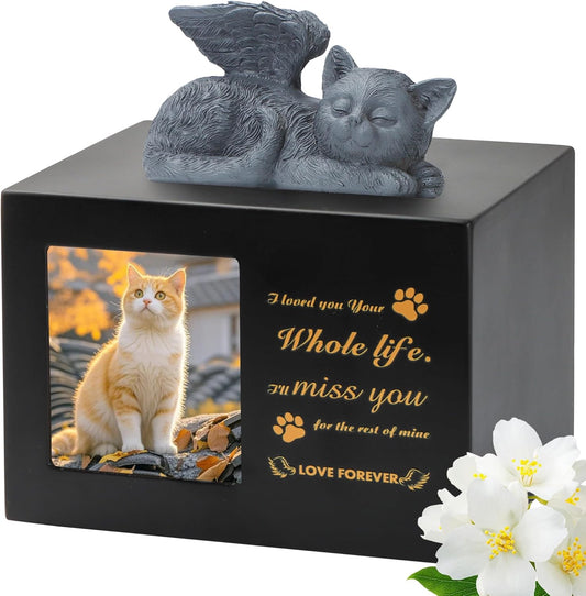 Pet Urn for Cat Ashe, Black Wooden Keepsake for Hair, Memory Box with Resin Animal Statue and Sealed Storage Bags (75lbs)