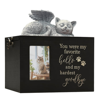 Solid Wood Pet Urn for Cat Ashes Box with Picture Black Funeral Cremation Box for Cat Wooden Keepsake with Black Flannel Lining for Loss of Cat or Dog Remembrance Gift (Cat Urn-Red Brown, Medium)