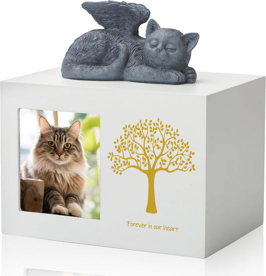 Cat Urns for Ashes, Tree Pattern Wooden Keepsake with Photo Frame, Pet Urn Memory Box with Resin Animal Statue and Sealed Storage Bags (75lbs)（White）
