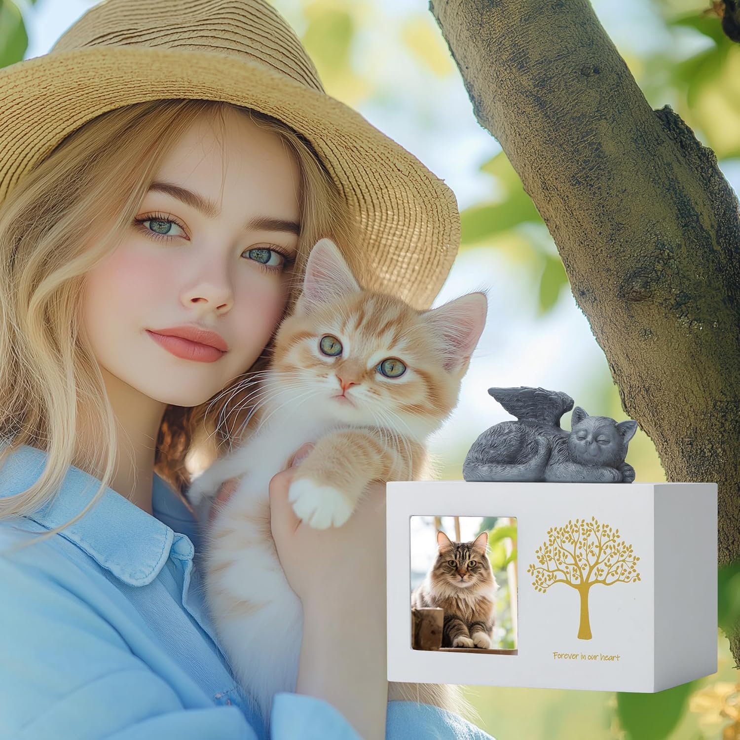 Cat Urns for Ashes, Tree Pattern Wooden Keepsake with Photo Frame, Pet Urn Memory Box with Resin Animal Statue and Sealed Storage Bags (75lbs)（White）