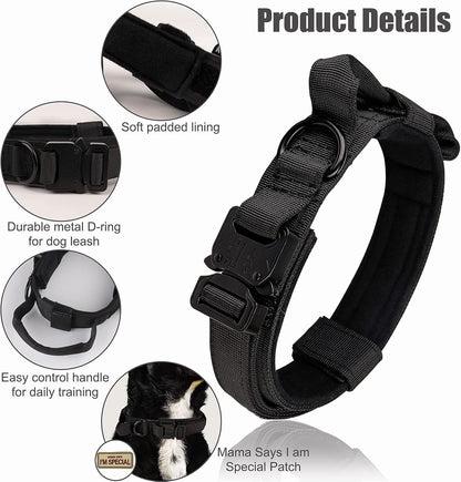 Tactical Dog Collar - KCUCOP Military Collar with Handle - K9 Thick Adjustable Heavy Duty Dog Collars for Medium and Large Dogs(Black-L)