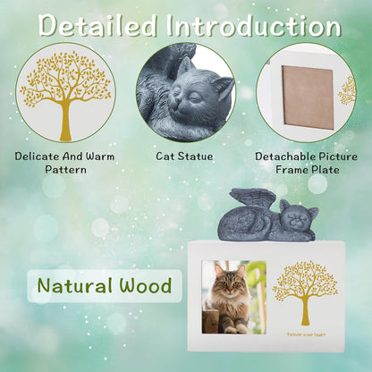 Cat Urns for Ashes, Tree Pattern Wooden Keepsake with Photo Frame, Pet Urn Memory Box with Resin Animal Statue and Sealed Storage Bags (75lbs)（White）