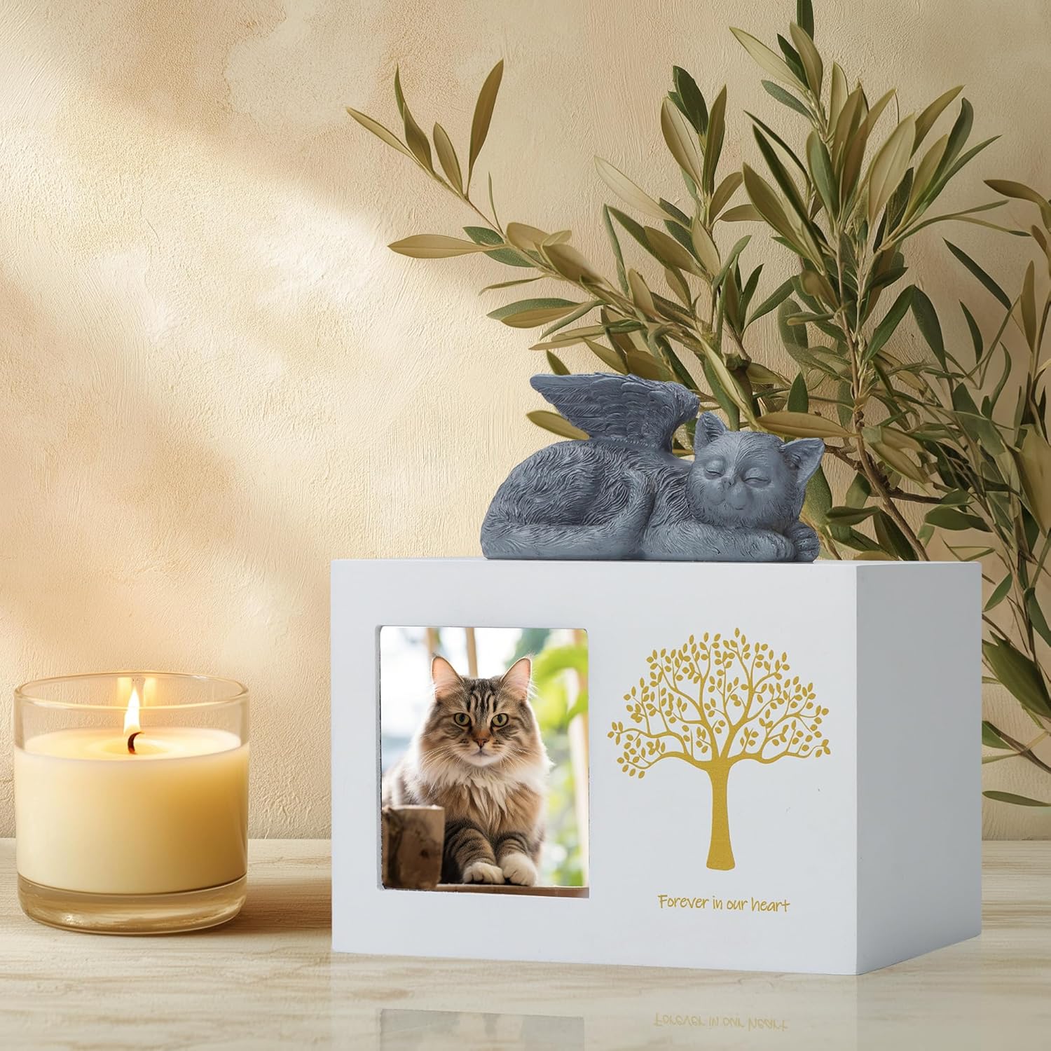 Cat Urns for Ashes, Tree Pattern Wooden Keepsake with Photo Frame, Pet Urn Memory Box with Resin Animal Statue and Sealed Storage Bags (75lbs)（White）