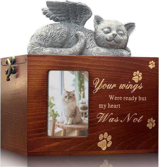 Solid Wood Pet Urn for Cat Ashes Box with Picture Black Funeral Cremation Box for Cat Wooden Keepsake with Black Flannel Lining for Loss of Cat or Dog Remembrance Gift (Cat Urn-Red Brown, Medium)