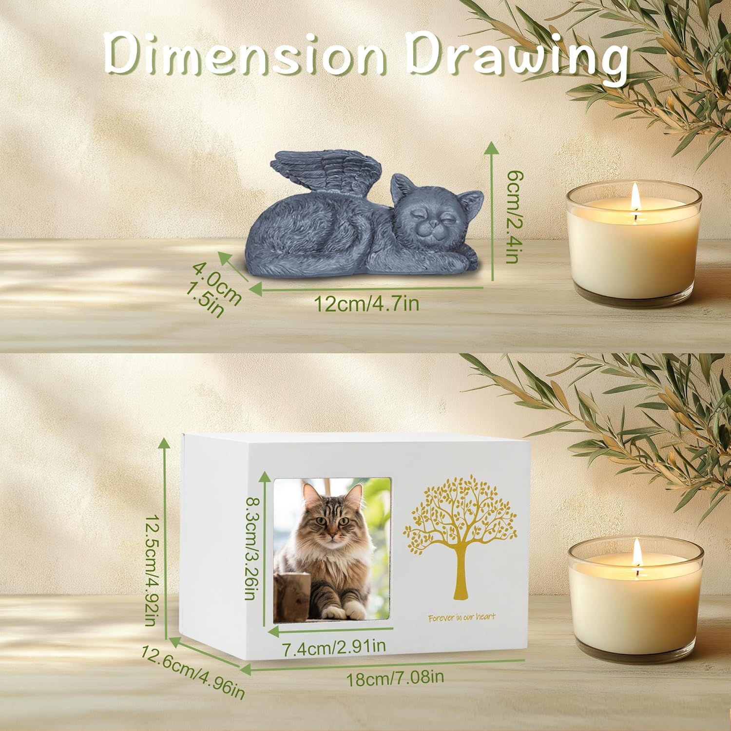 Cat Urns for Ashes, Tree Pattern Wooden Keepsake with Photo Frame, Pet Urn Memory Box with Resin Animal Statue and Sealed Storage Bags (75lbs)（White）