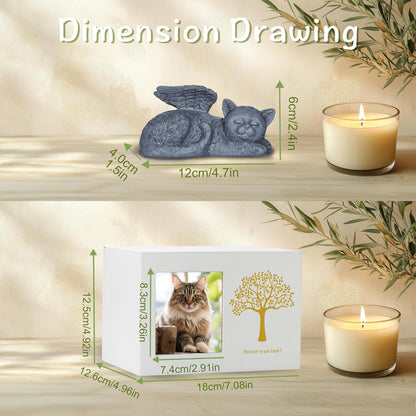 Cat Urns for Ashes, Tree Pattern Wooden Keepsake with Photo Frame, Pet Urn Memory Box with Resin Animal Statue and Sealed Storage Bags (75lbs)（White）